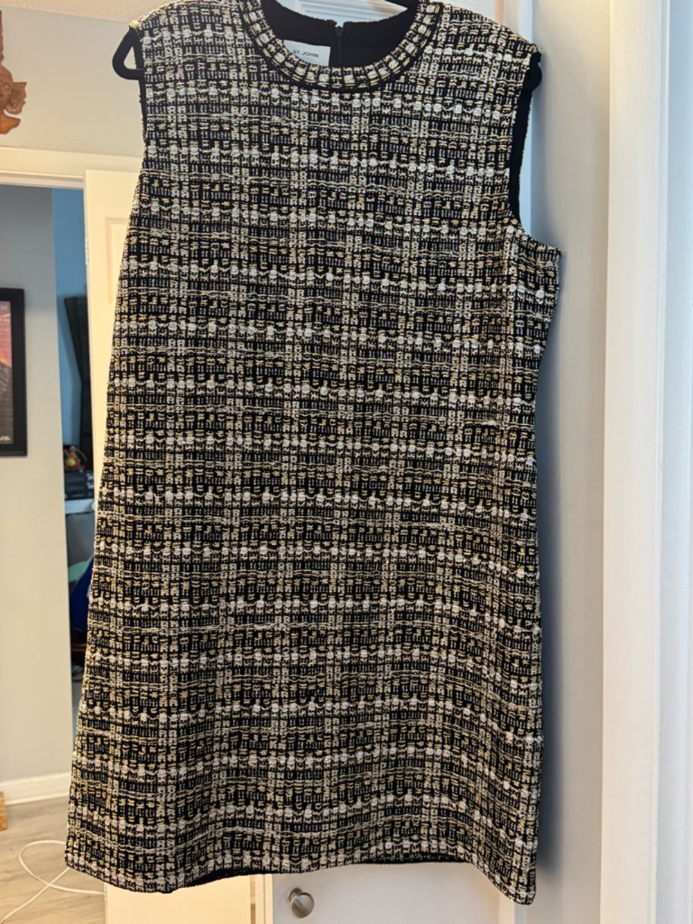 NWOT Black, gold, silver & White Tweed St. John Sleeveless Shift Dress XL